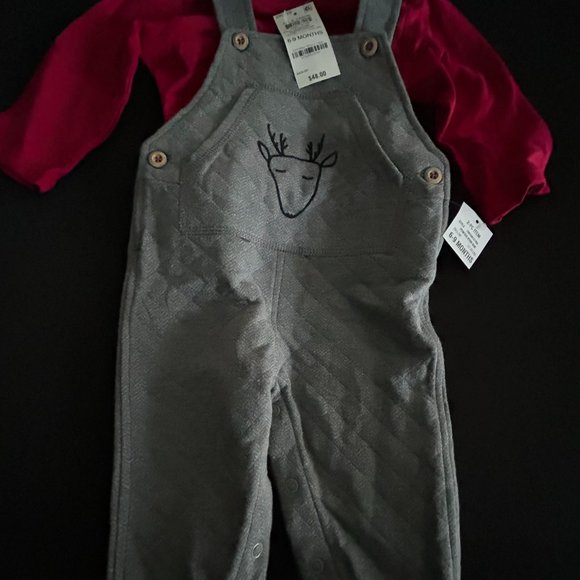 First Impressions Boys Pewter Heather deer Logo 2-pc overalls 6-9 Months - Picture 4 of 9